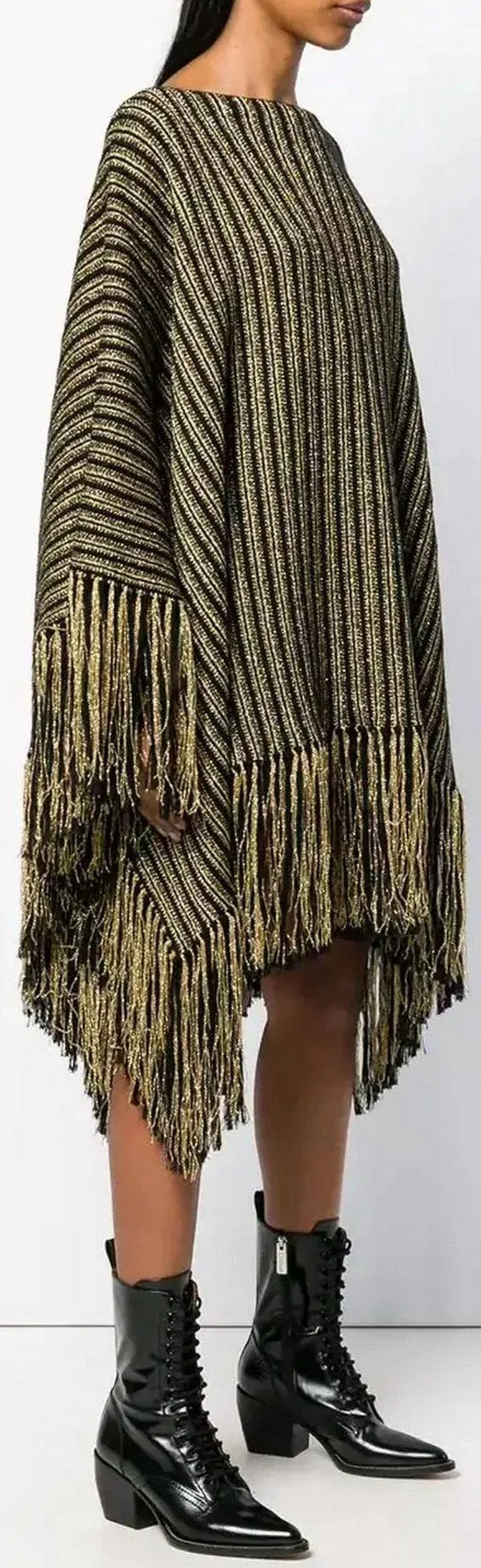 Metallic Striped Oversized Poncho with Fringed Hem and Matching Scarf