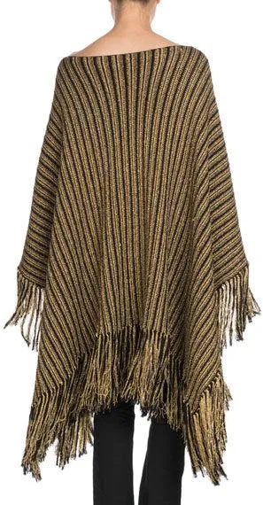 Metallic Striped Oversized Poncho with Fringed Hem and Matching Scarf