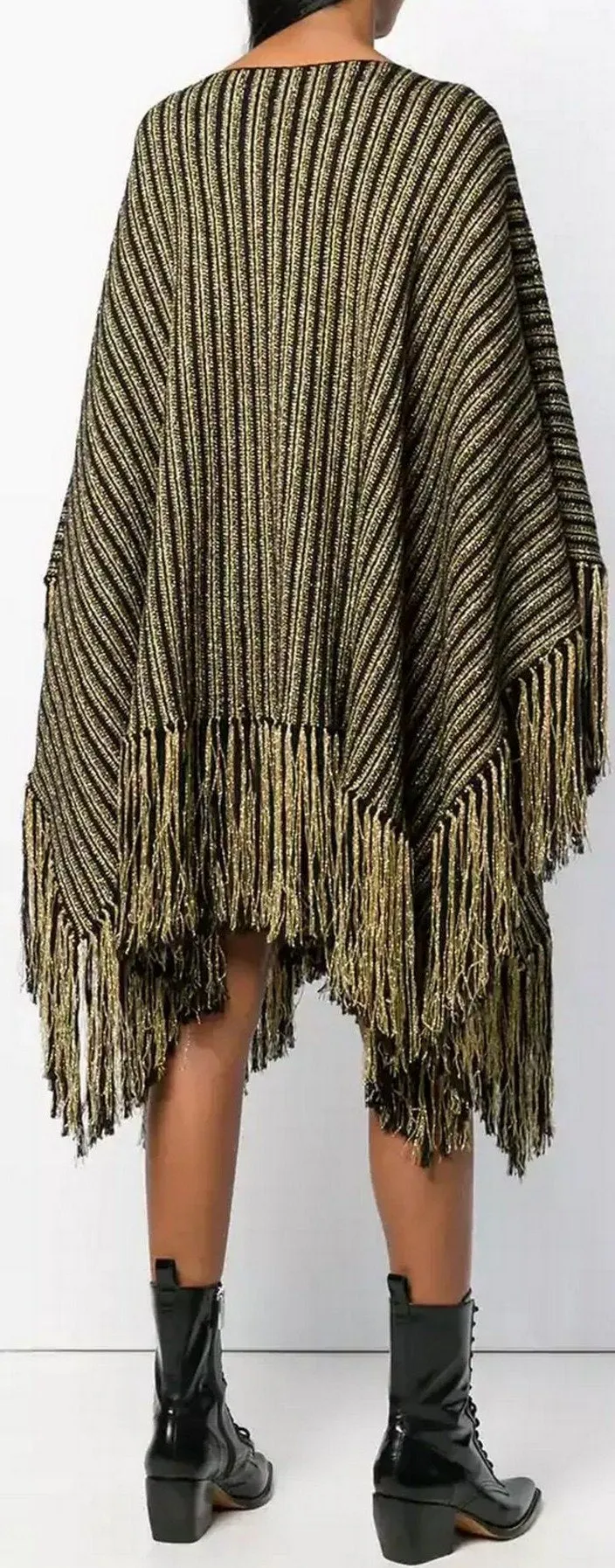 Metallic Striped Oversized Poncho with Fringed Hem and Matching Scarf