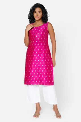 Mythri Women's Square Round Neck Sleeveless Casual Kurthi with Attachable Sleeves - Dark Pink - KU33