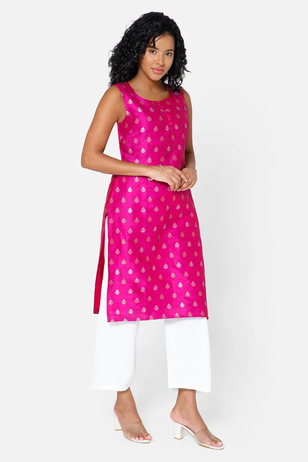 Mythri Women's Square Round Neck Sleeveless Casual Kurthi with Attachable Sleeves - Dark Pink - KU33