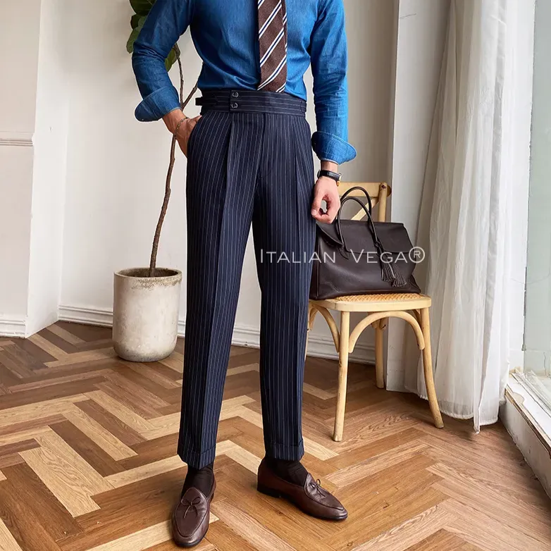 Navy Striped Buttoned  Gurkha Pants by Italian Vega® (Special Edition)