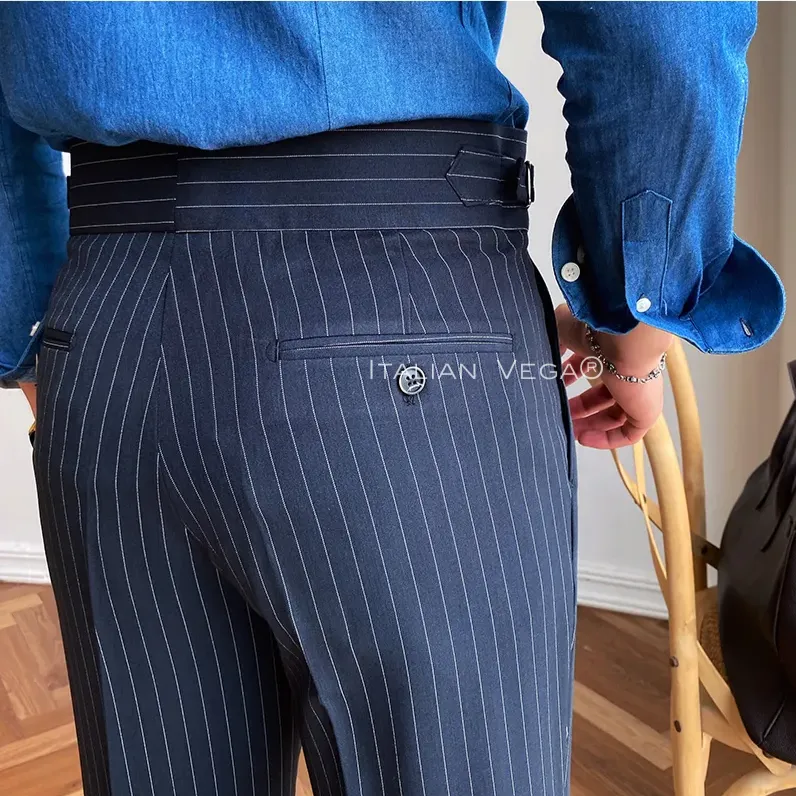 Navy Striped Buttoned  Gurkha Pants by Italian Vega® (Special Edition)