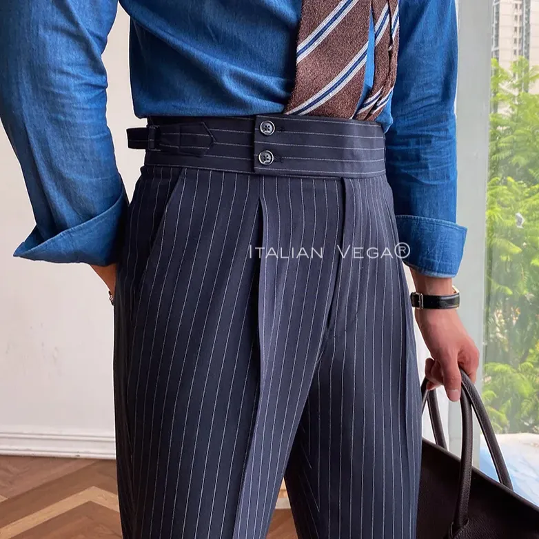 Navy Striped Buttoned  Gurkha Pants by Italian Vega® (Special Edition)