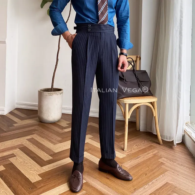 Navy Striped Buttoned  Gurkha Pants by Italian Vega® (Special Edition)