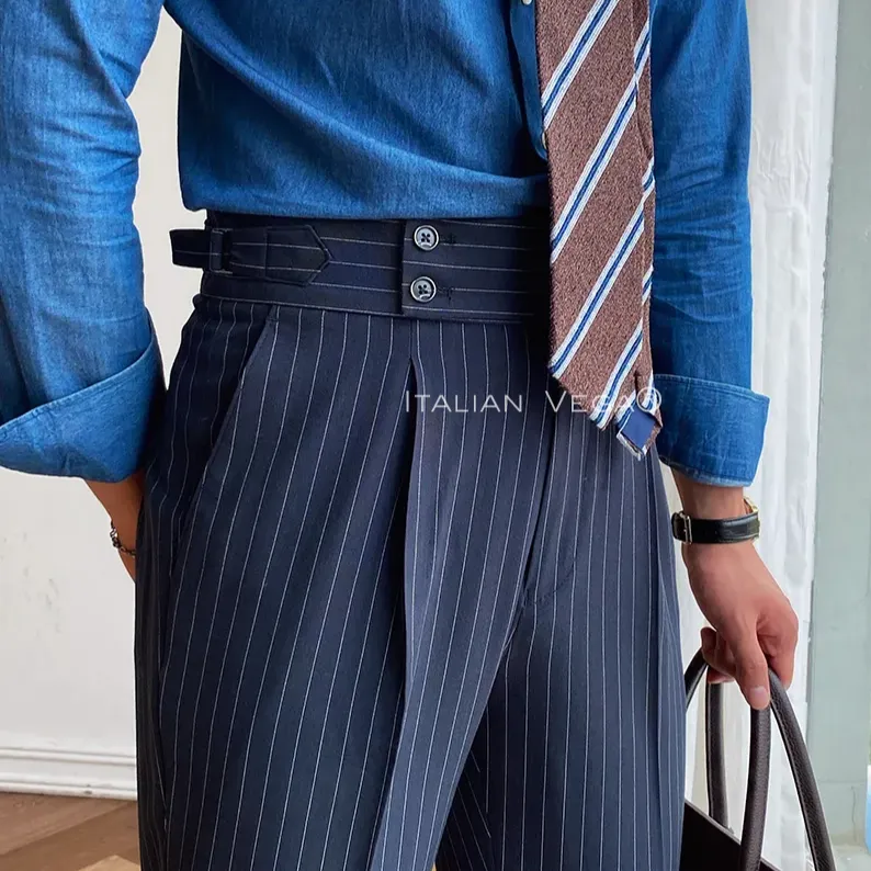 Navy Striped Buttoned  Gurkha Pants by Italian Vega® (Special Edition)