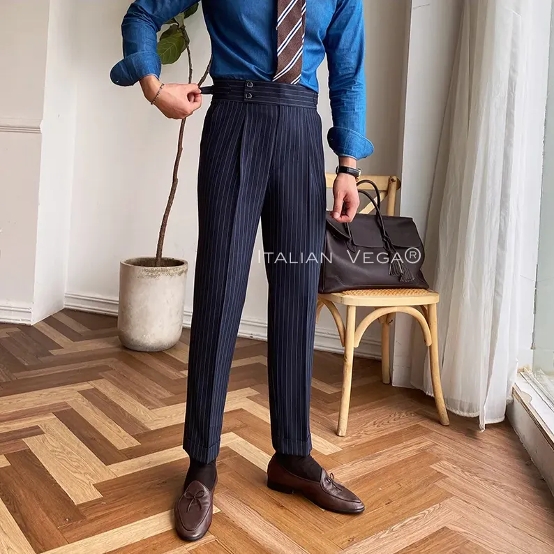 Navy Striped Buttoned  Gurkha Pants by Italian Vega® (Special Edition)