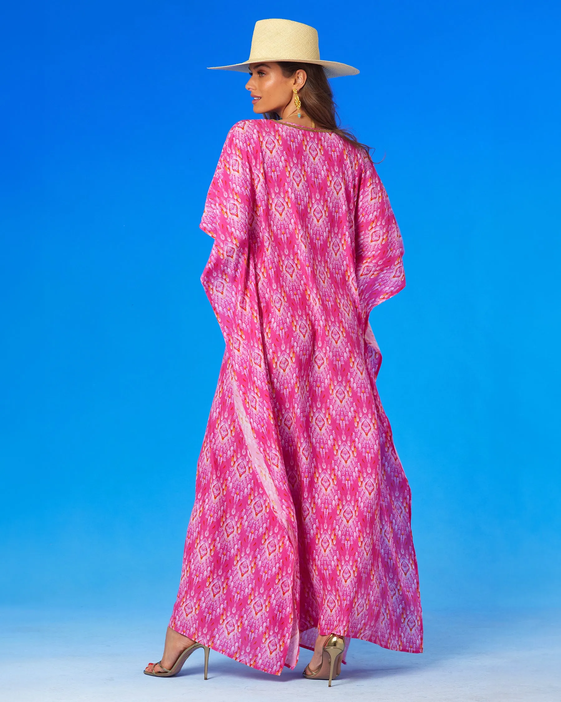 Orchidea Kaftan in Fuchsia Pink Ikat and Gold Beaded Trim