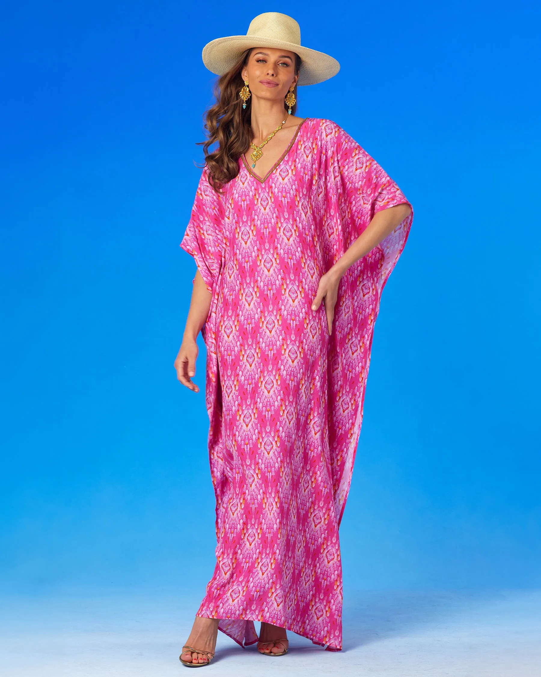 Orchidea Kaftan in Fuchsia Pink Ikat and Gold Beaded Trim