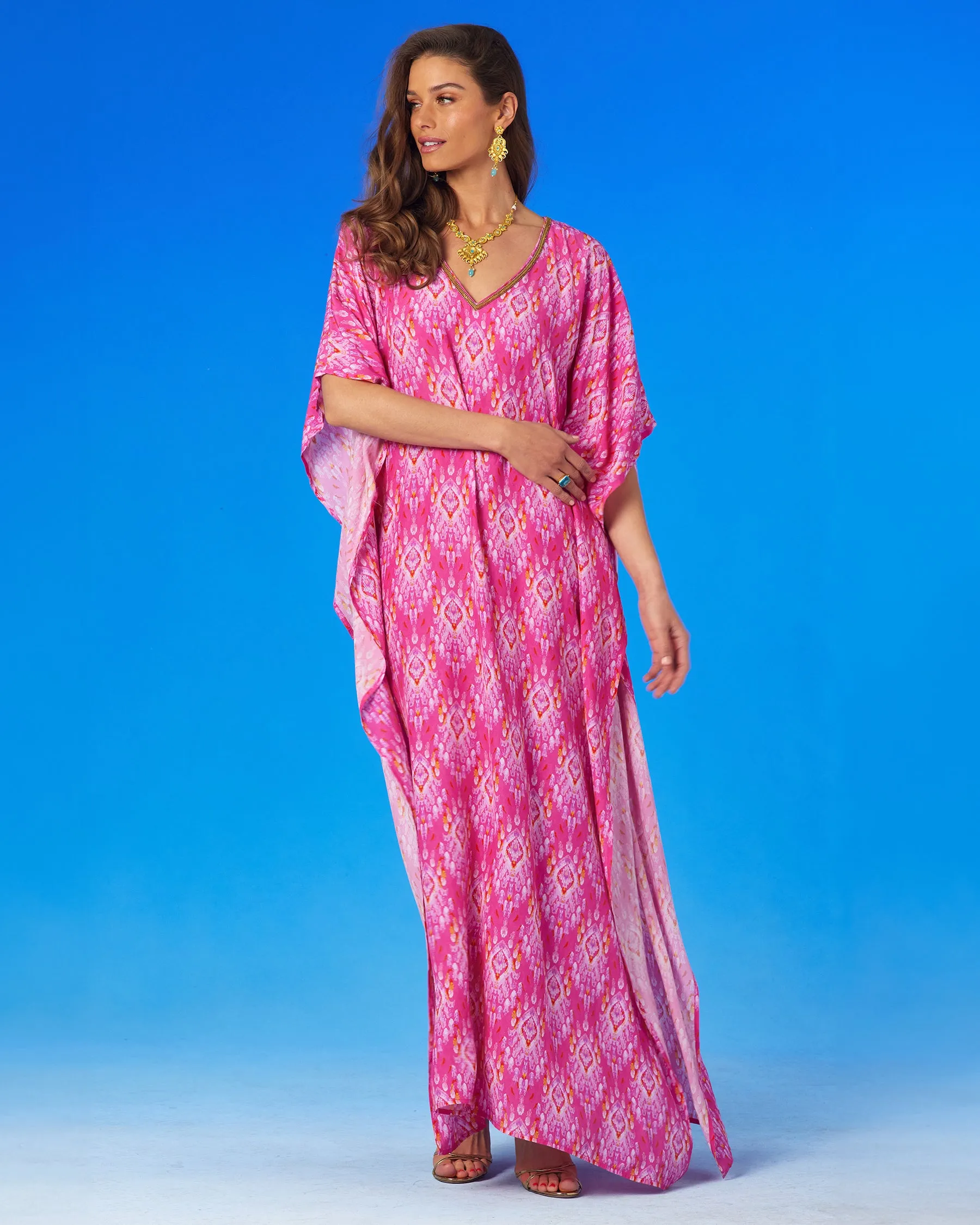 Orchidea Kaftan in Fuchsia Pink Ikat and Gold Beaded Trim