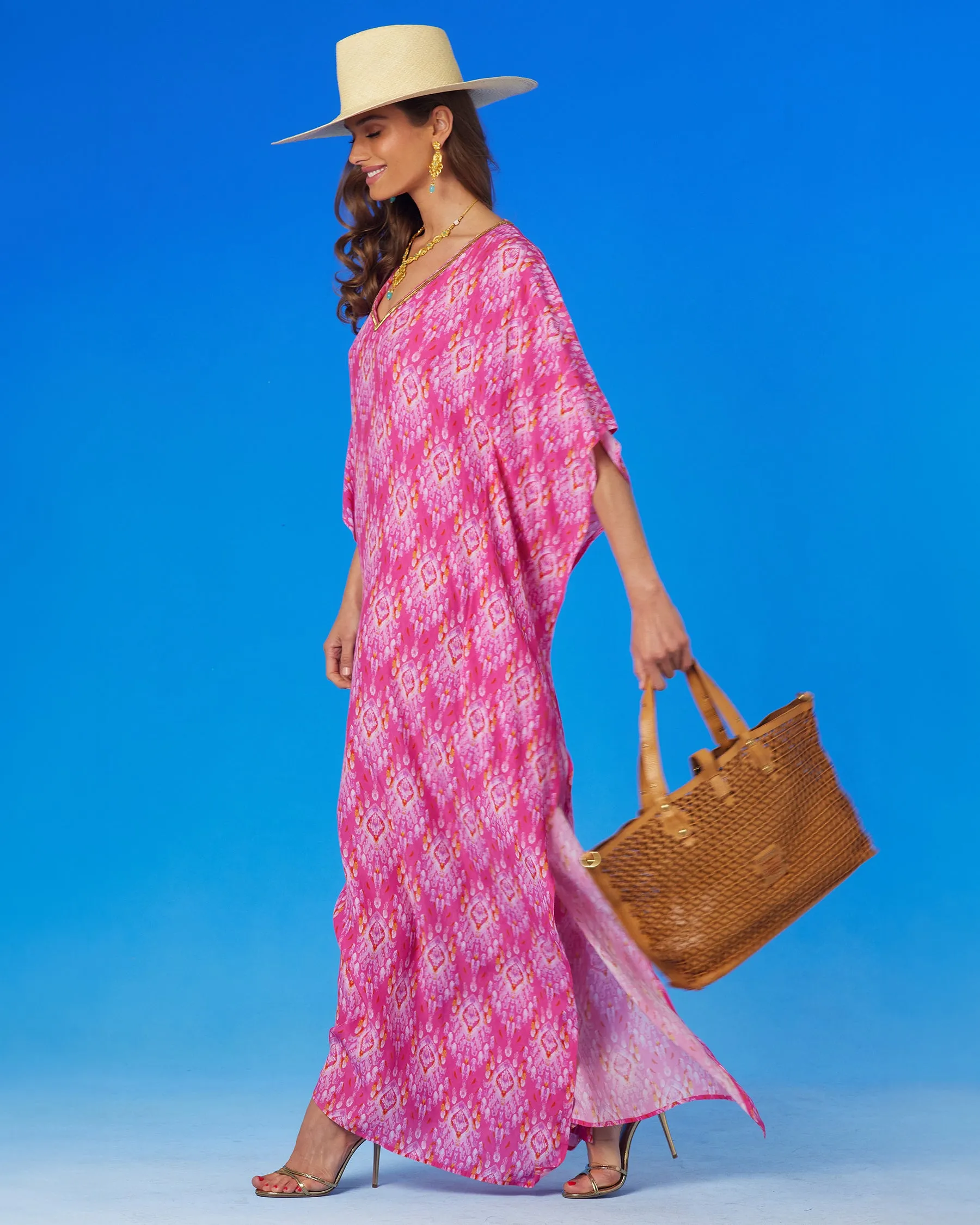 Orchidea Kaftan in Fuchsia Pink Ikat and Gold Beaded Trim