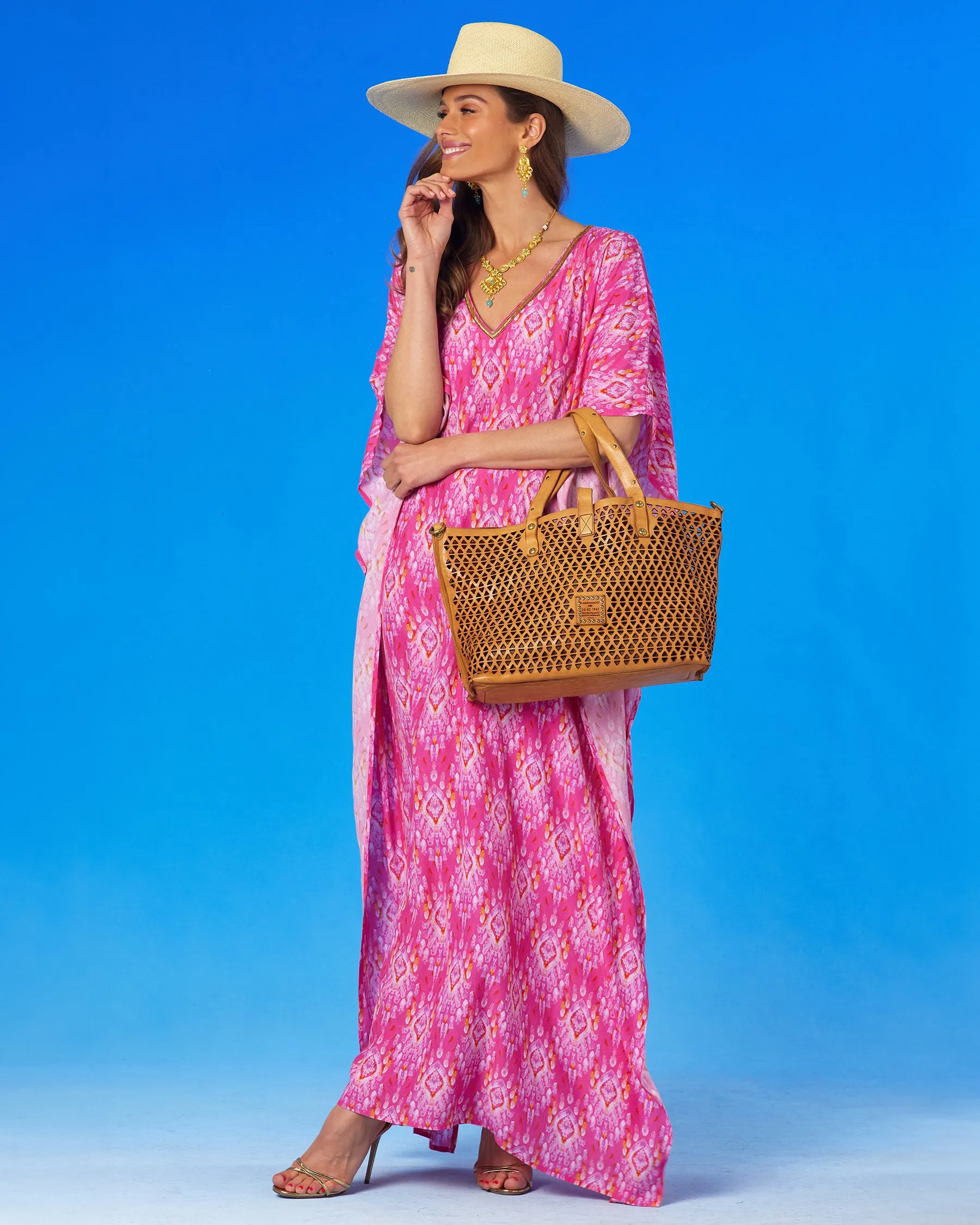 Orchidea Kaftan in Fuchsia Pink Ikat and Gold Beaded Trim