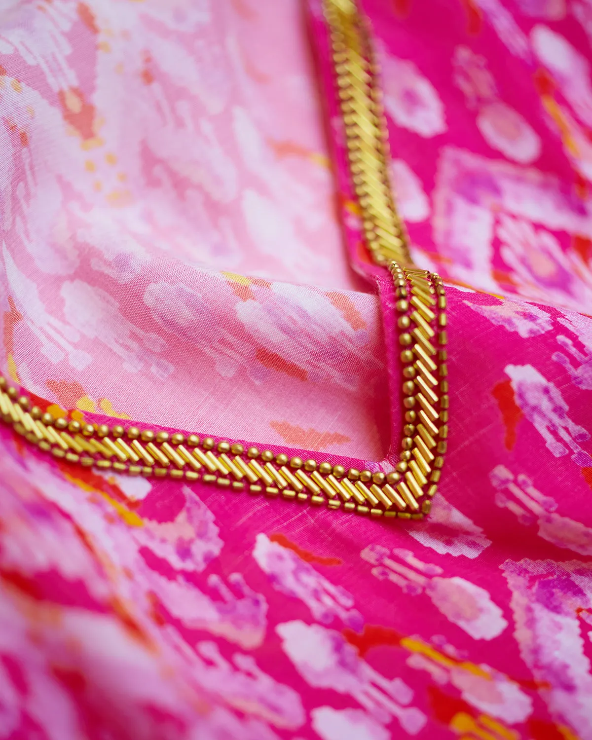 Orchidea Kaftan in Fuchsia Pink Ikat and Gold Beaded Trim