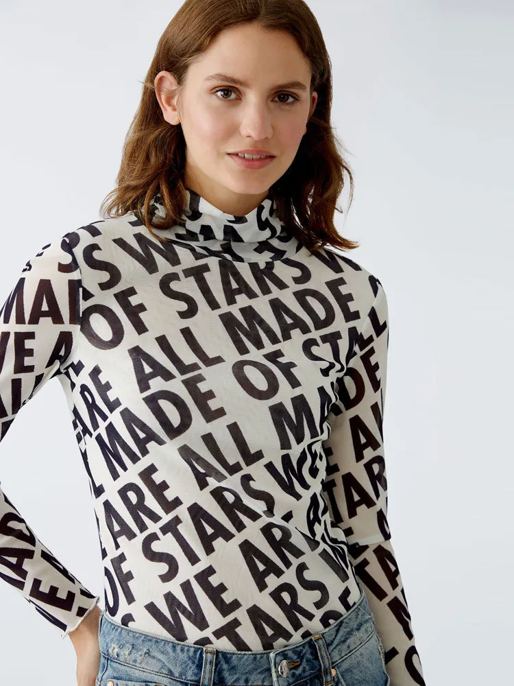 Oui Slogan Turtleneck Top White & Black