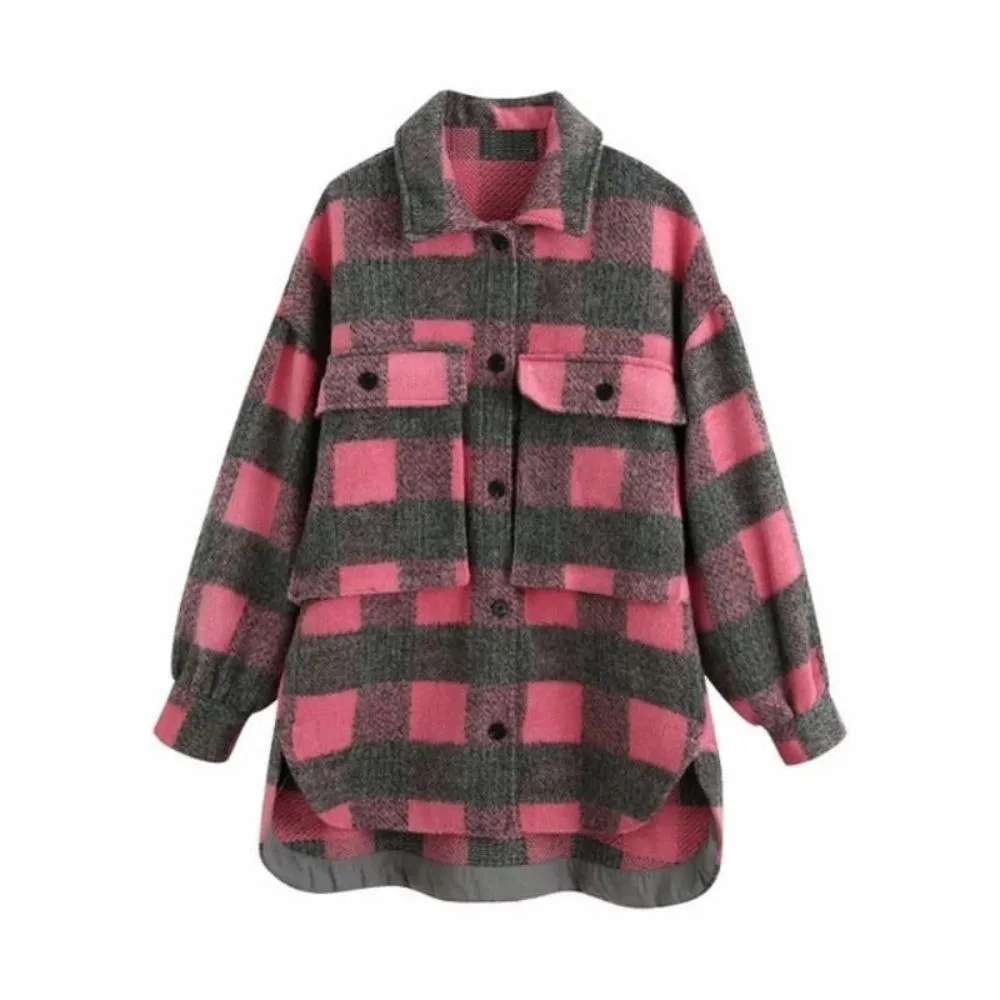 Plaid Woolen Fashion Pockets Turn-down Collar Coat