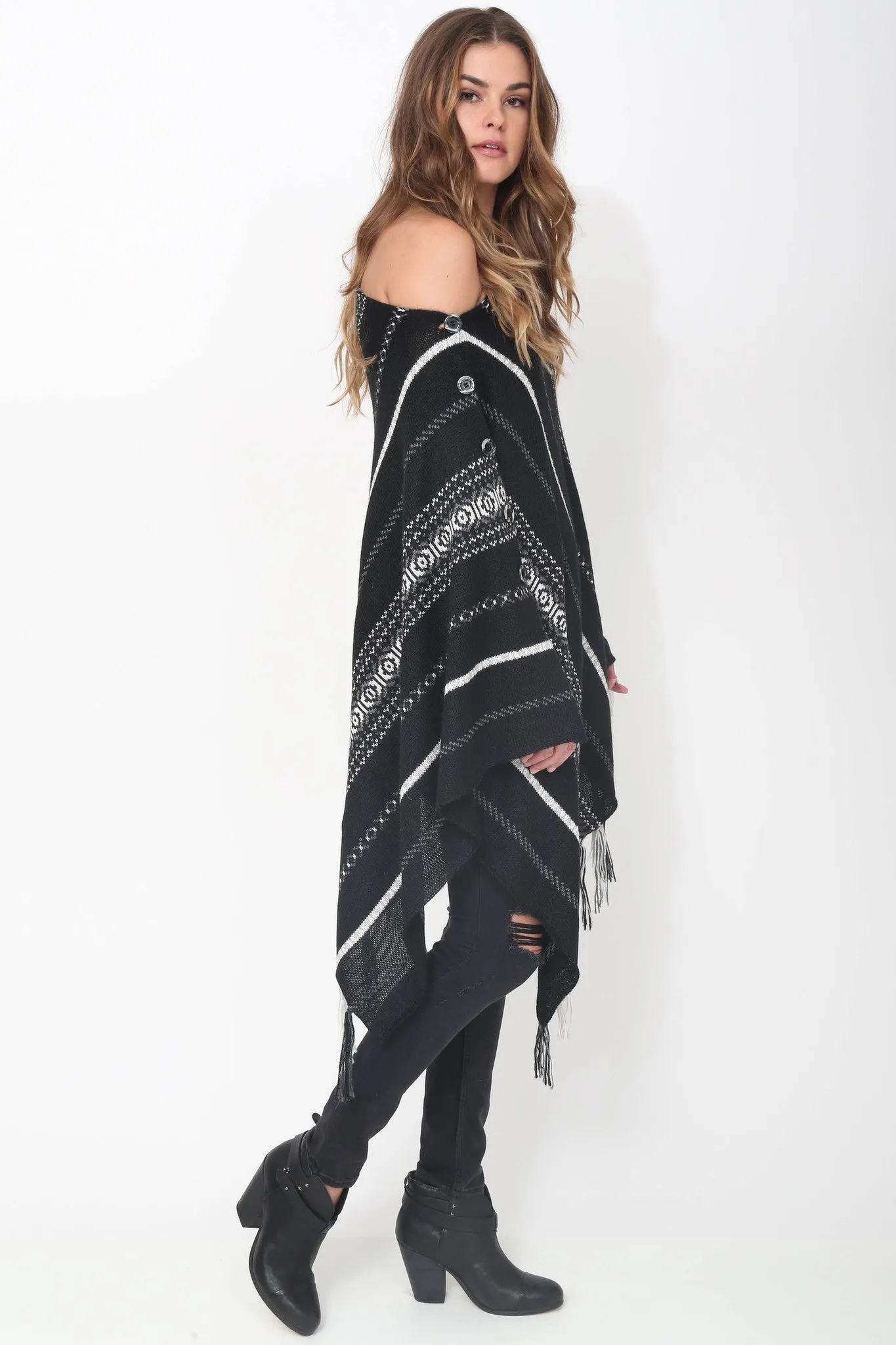 Poppy Handloomed Baby Alpaca Fringe Poncho in Midnight