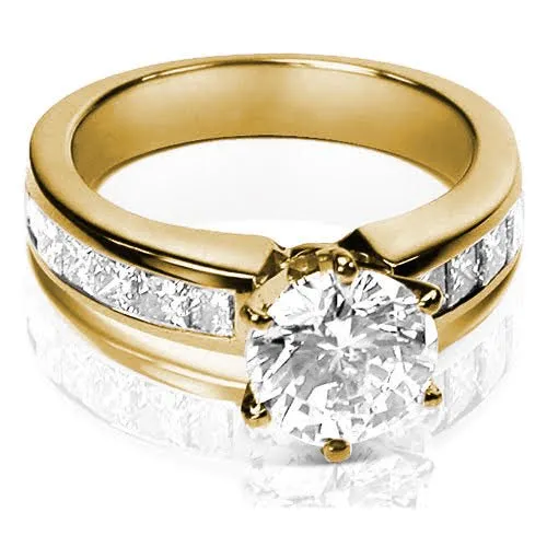 Premium 1.35CT Round and Princess Cut Diamond Engagement Ring in 14kt Yellow Gold