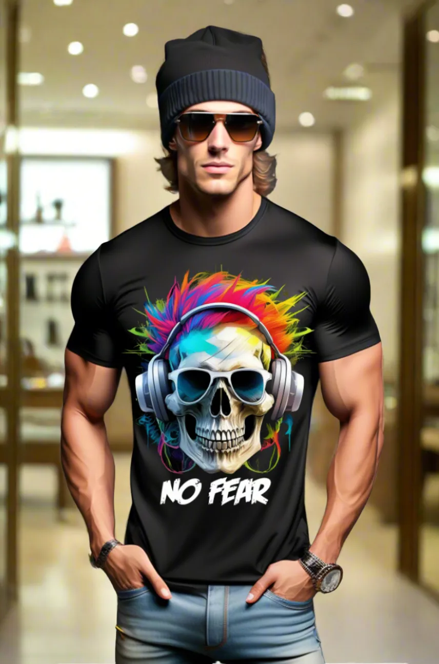 "No Fear' Skull Art T-Shirt - Unique and Exclusive Design | Grooveman Music TM"