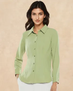 Rareism Women Mersin Light Green Cuffed Sleeves Collared Neck Button Closure Plain Top