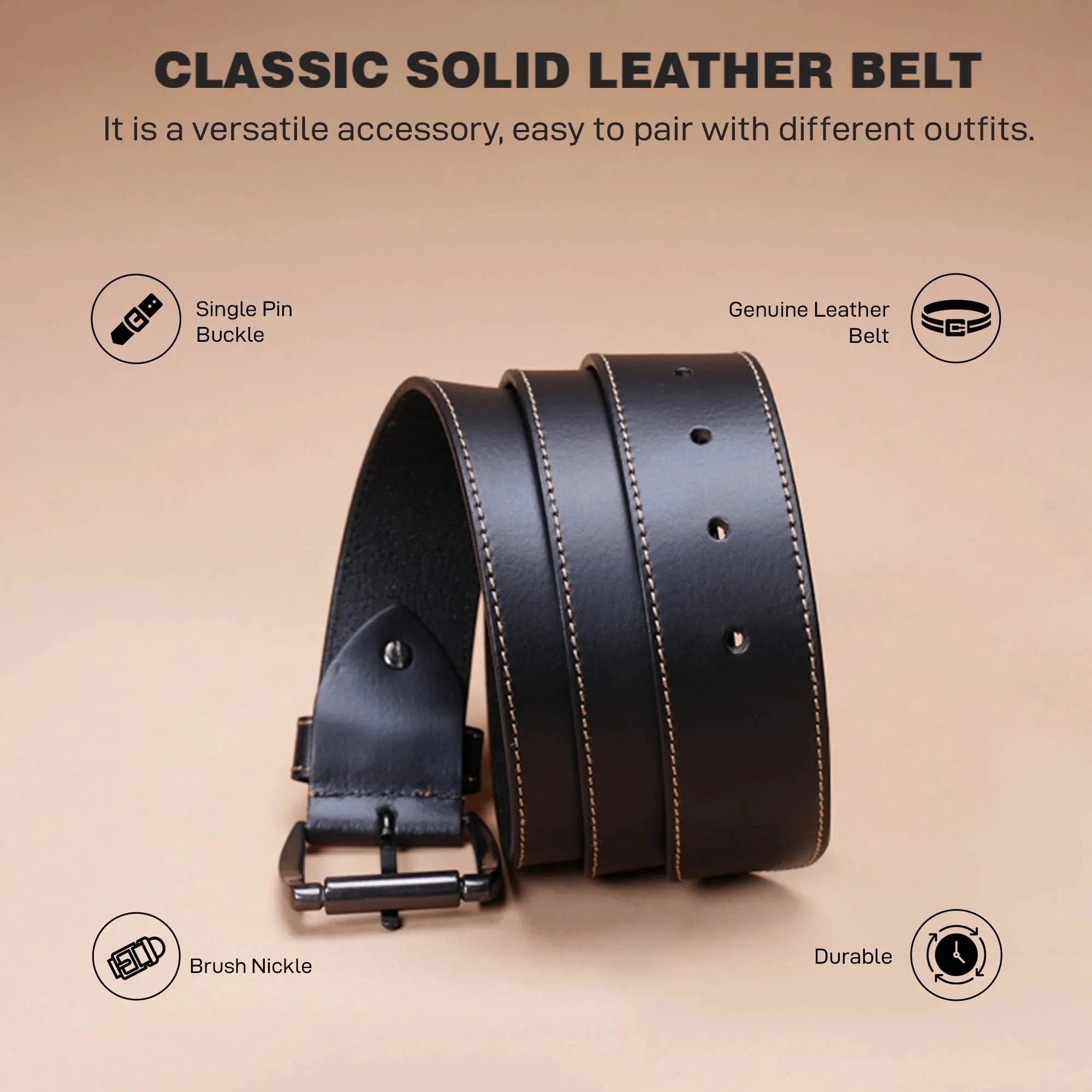 Red Tape Genuine Black Leather Belt For Men | Solid Leather Belt | Classic and Durable