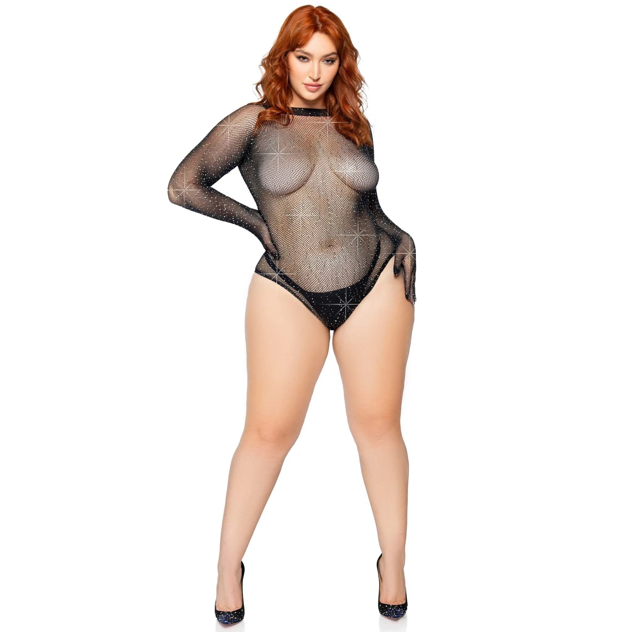 Rhinestone Snap Crotch Gloved Bodysuit - 1x/2x -  Black