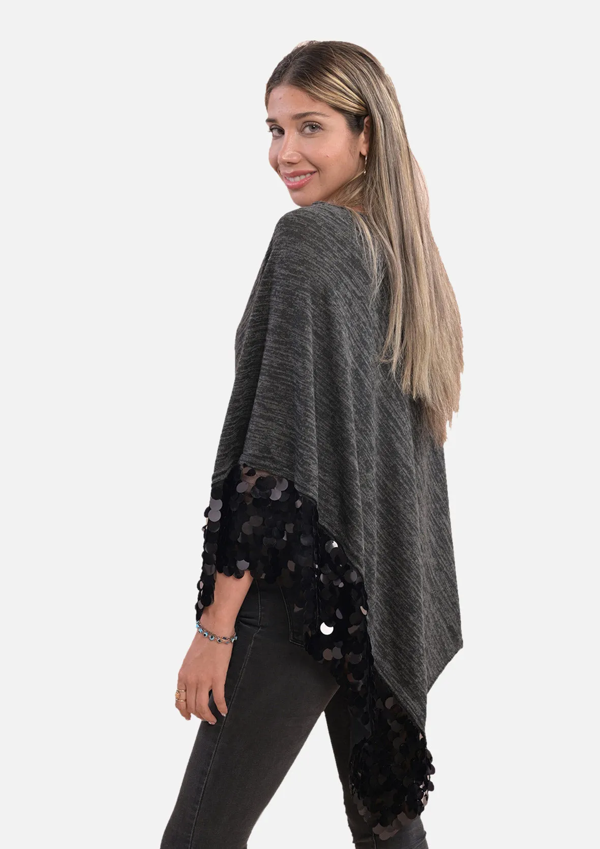 Round Neck Poncho with Sequin Border