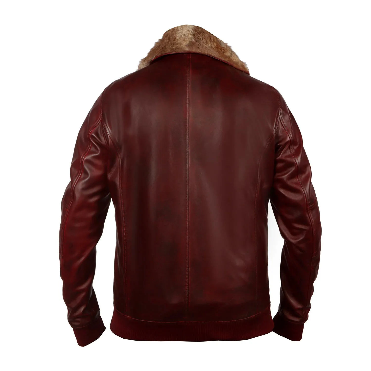 Rustic Wine Ribbed Style Leather Jacket with Furr Collar