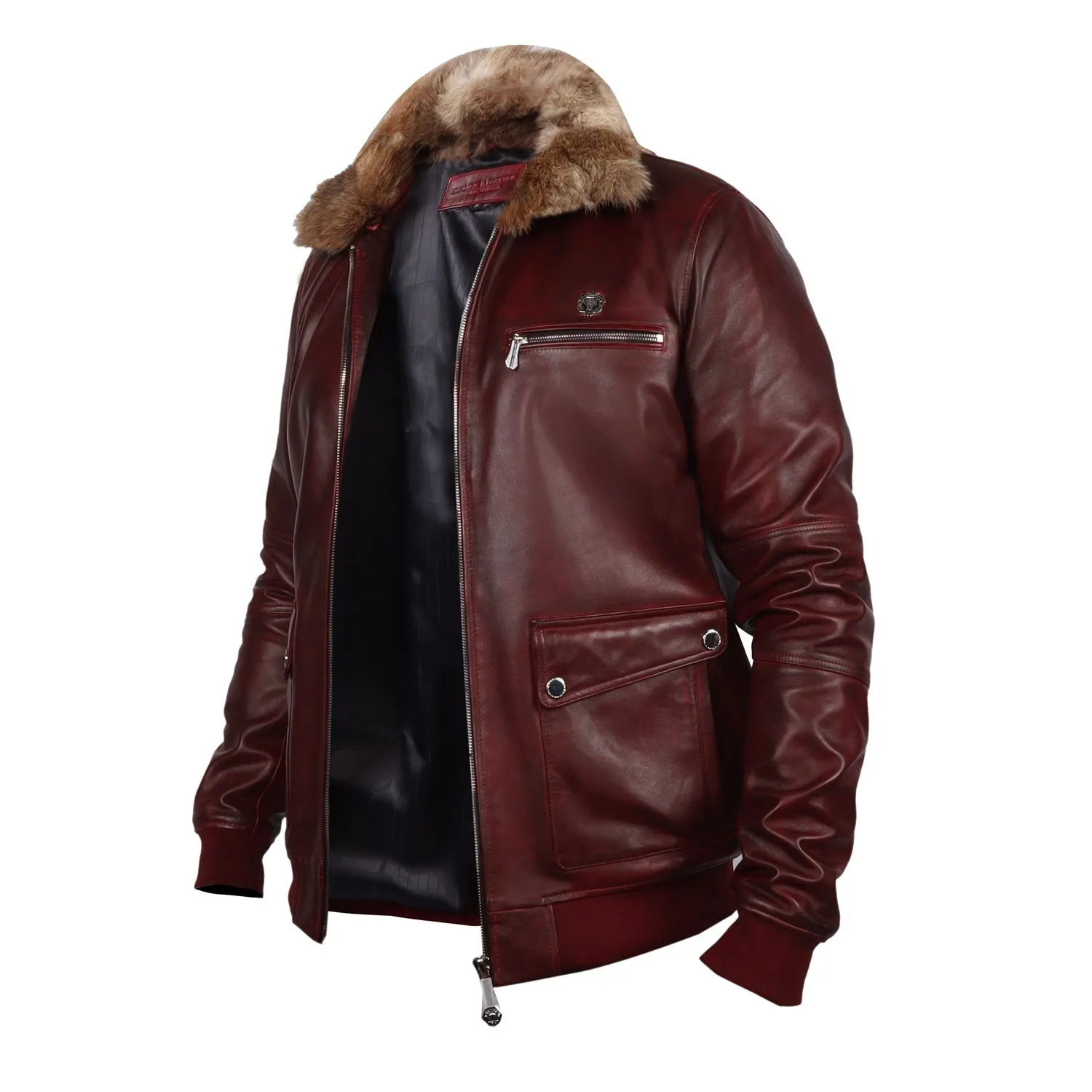 Rustic Wine Ribbed Style Leather Jacket with Furr Collar