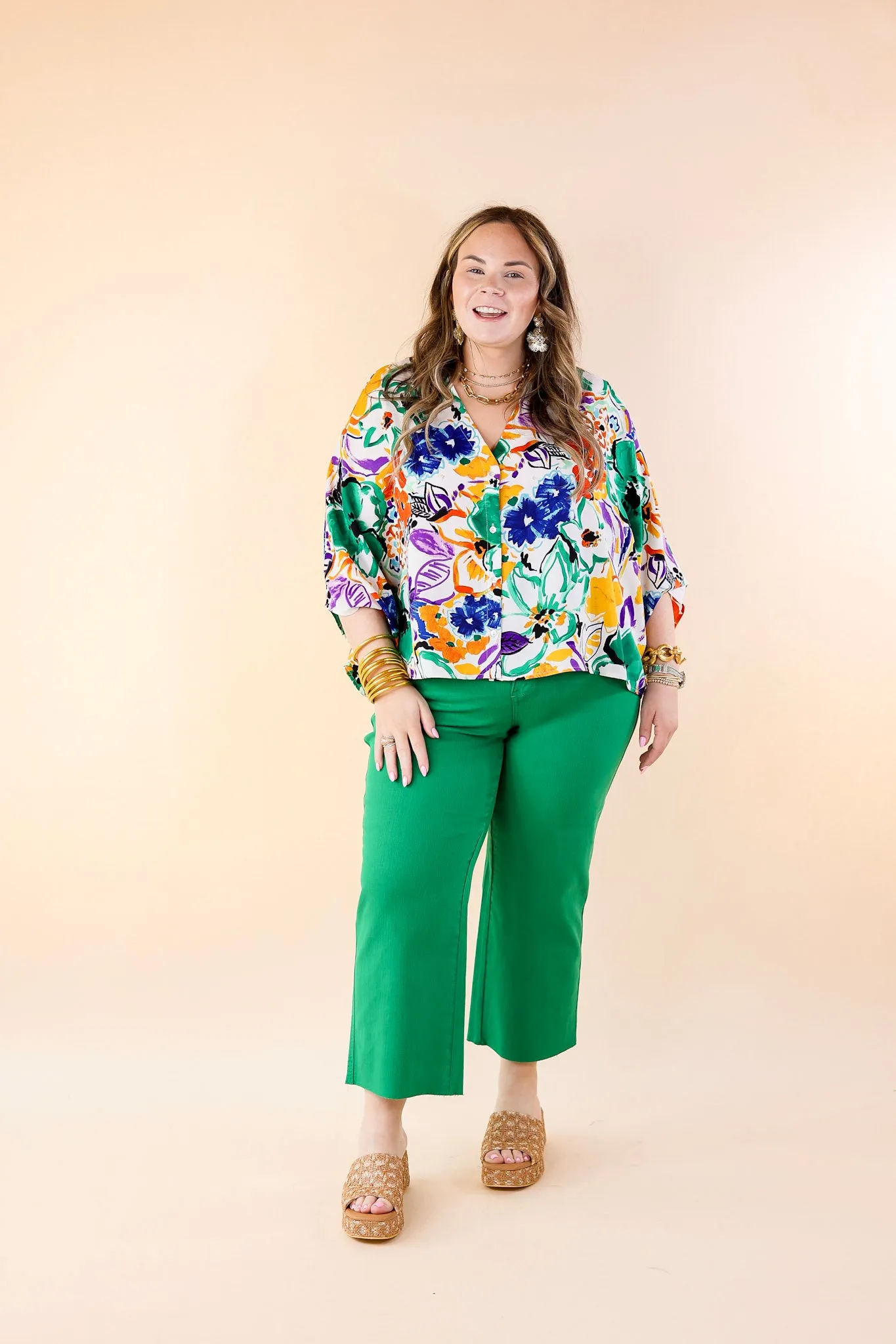 Sailing Away Floral Button Up Poncho Top in Green Mix