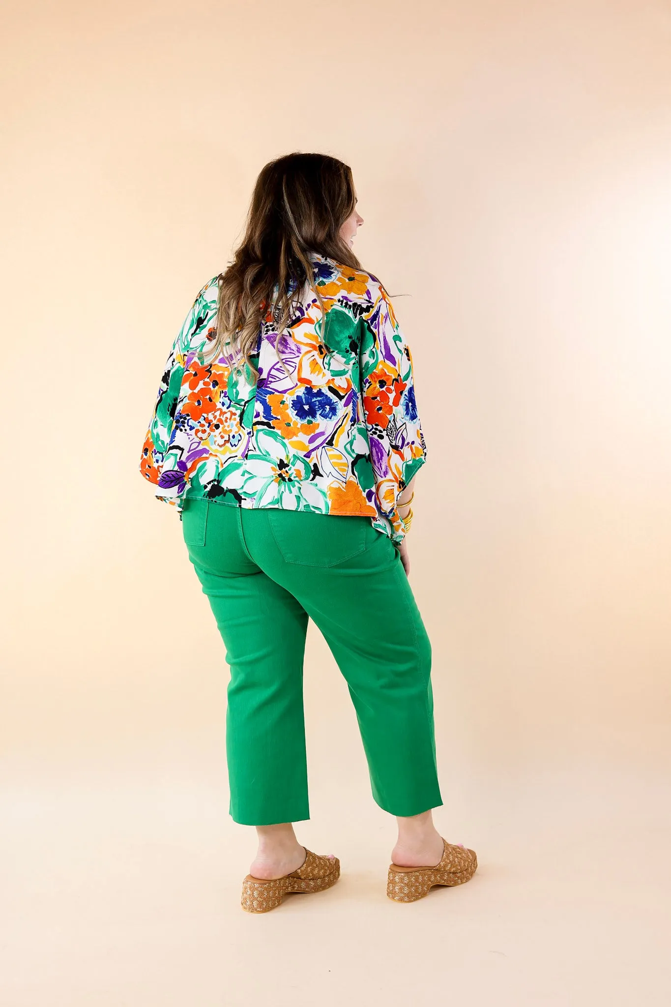 Sailing Away Floral Button Up Poncho Top in Green Mix