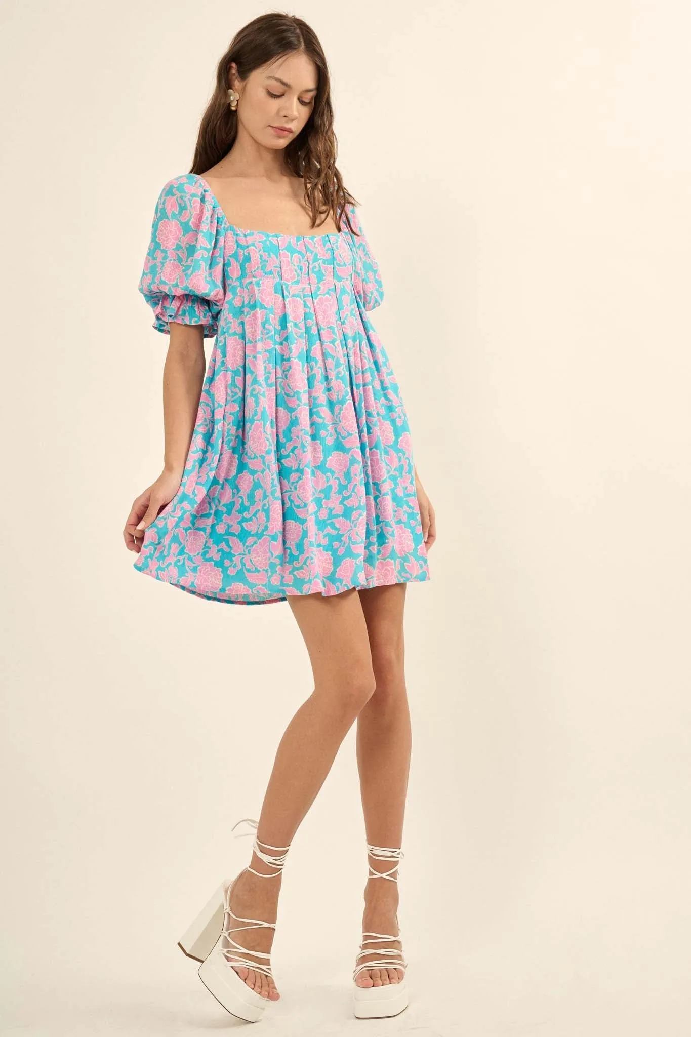 Secret Rendezvous Pleated Floral Babydoll Mini Dress