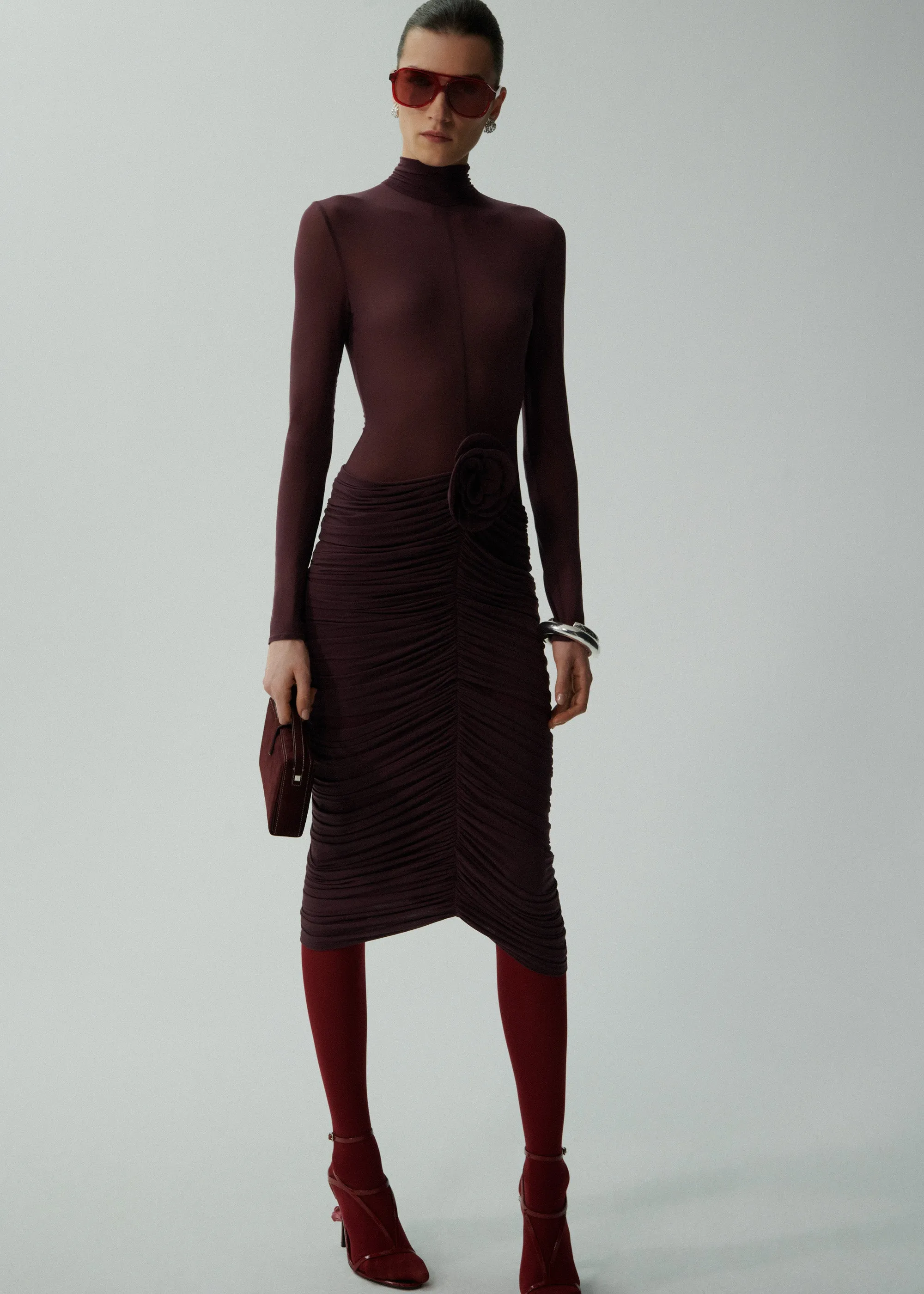 Sheer high neck midi dress in burgundy