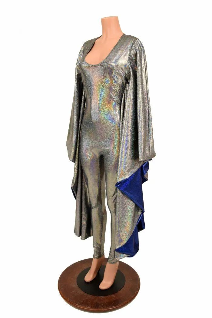 Silver Holo and Sparkly Blue Batwing Catsuit