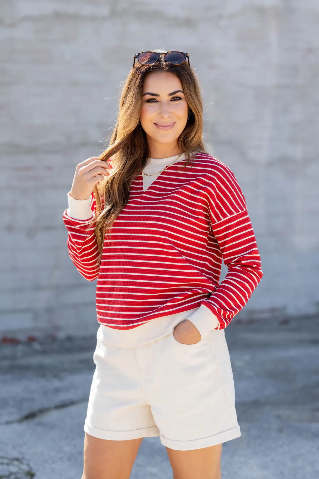 Striped Solid Trim Waffle Sweatshirt