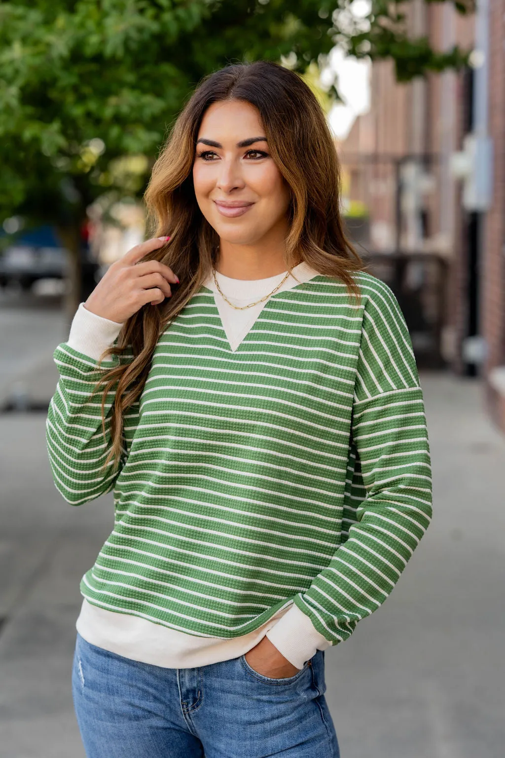 Striped Solid Trim Waffle Sweatshirt