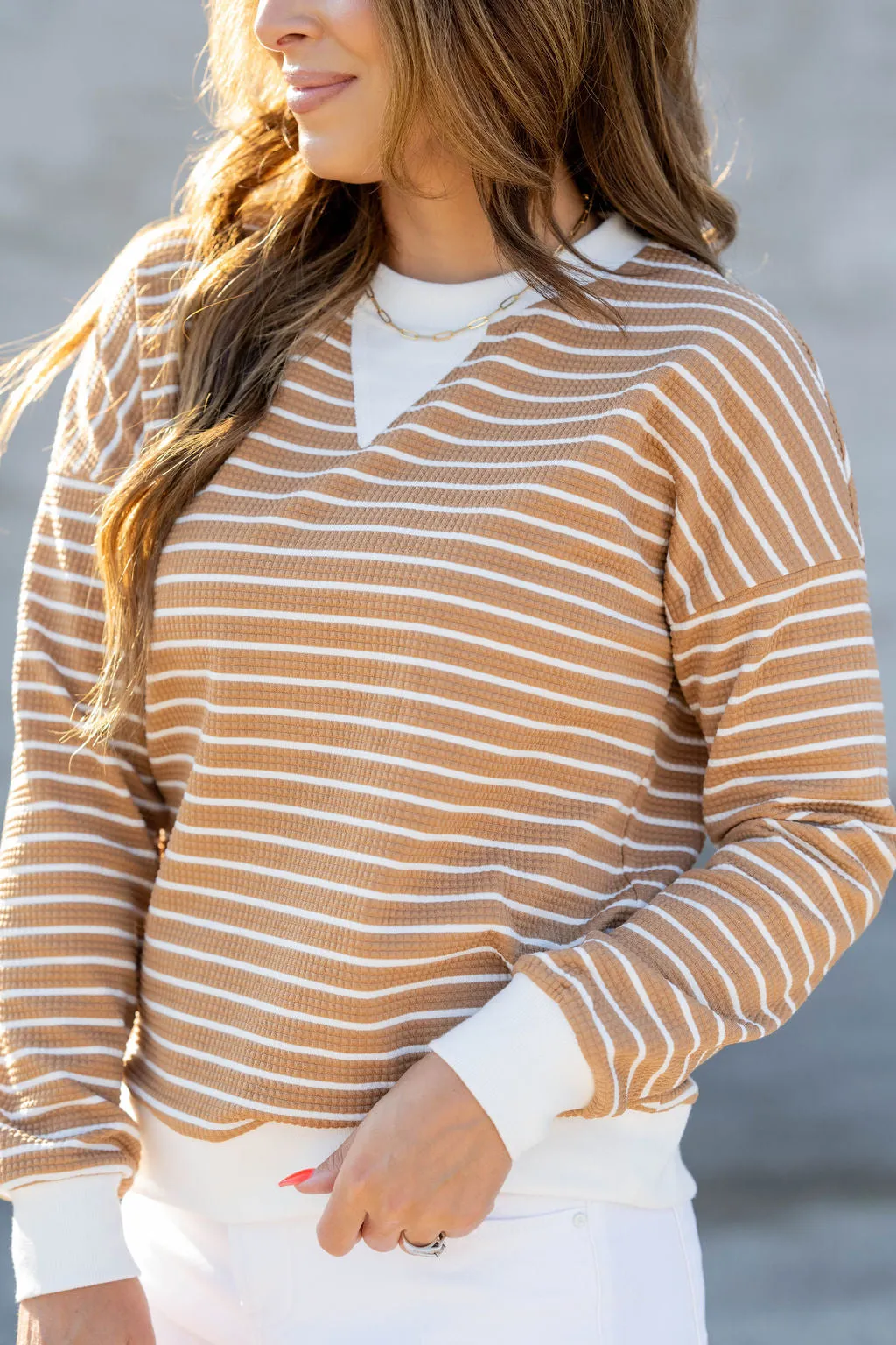 Striped Solid Trim Waffle Sweatshirt