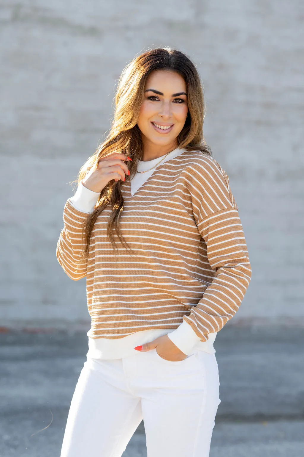 Striped Solid Trim Waffle Sweatshirt