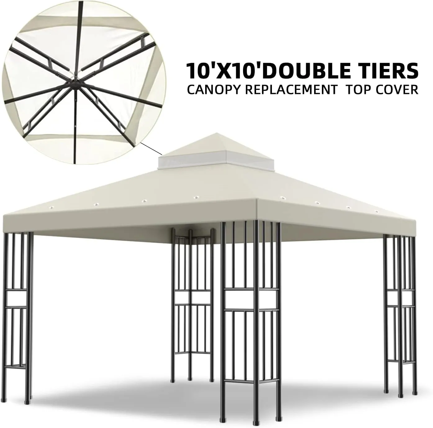 Sumfaller 10X10 FT Gazebo Replacement Canopy Top Cover Double Tiered Canopy Top Cover for Patio Garden Outdoor BBQ Roof Cover Grill Shelter (Beige)