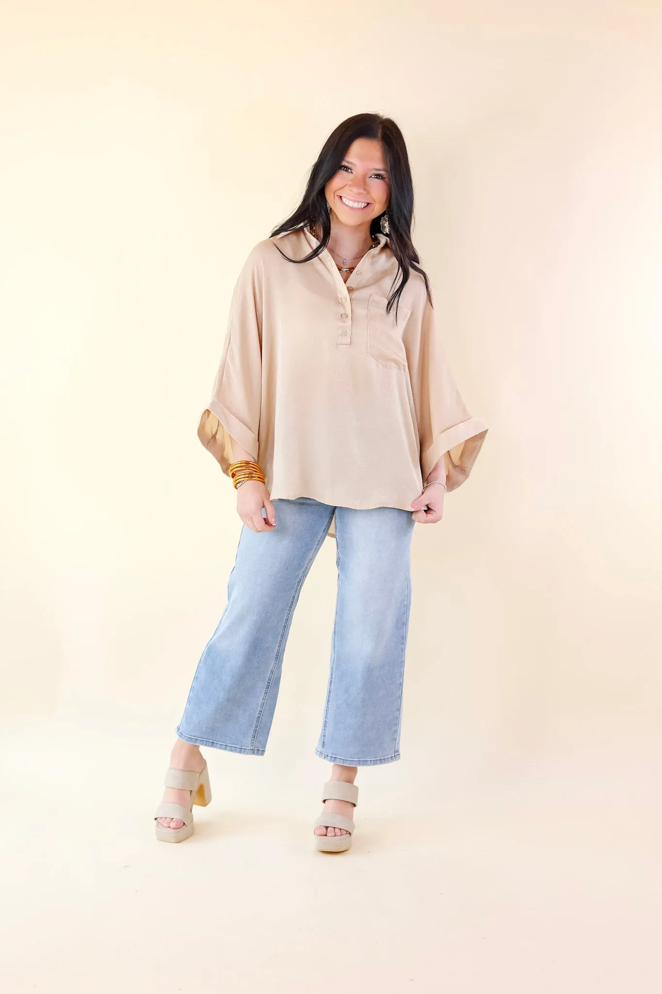 Sweet Surprise Half Button Up Poncho Top with Collared Neckline in Champagne