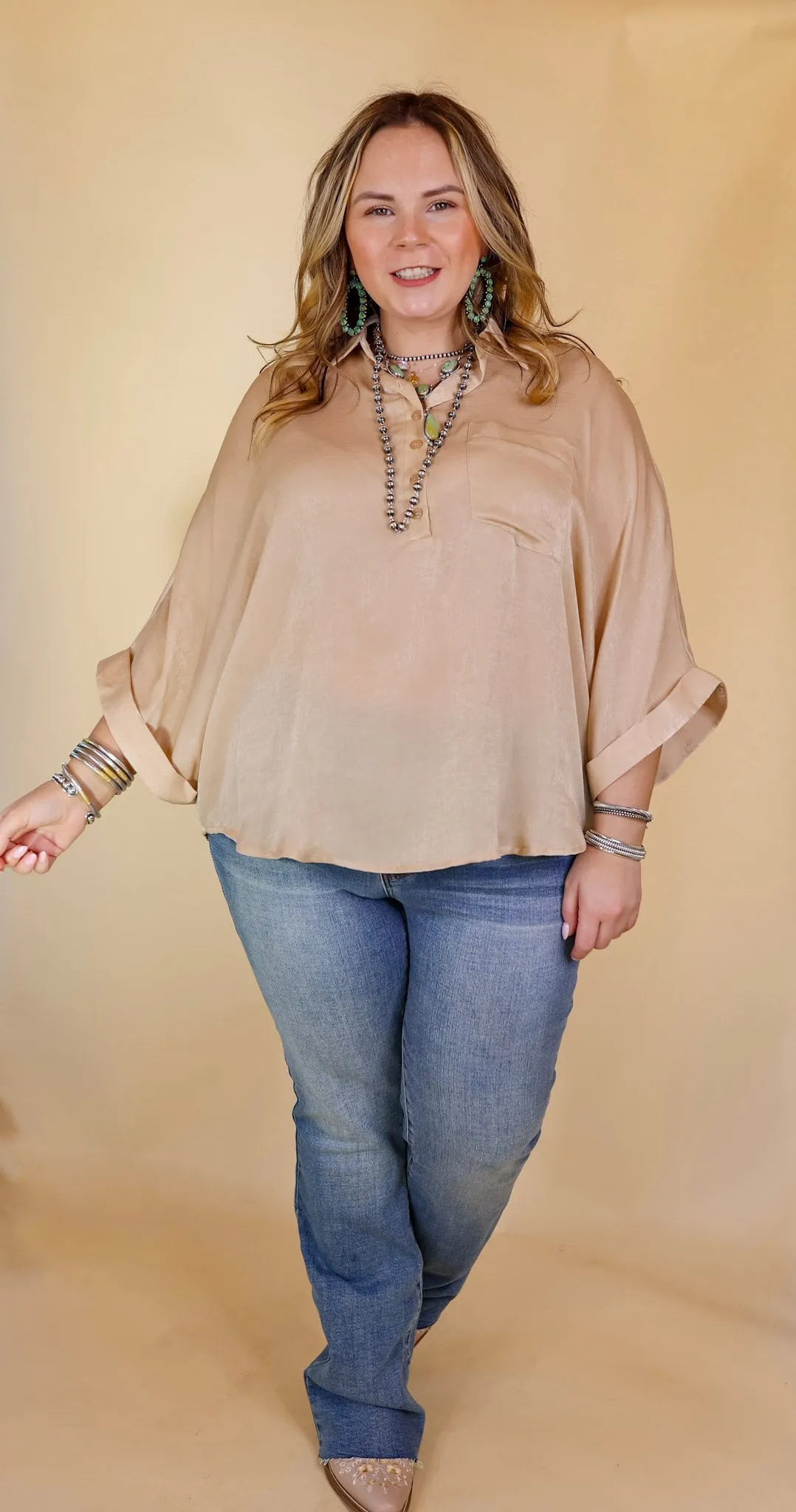 Sweet Surprise Half Button Up Poncho Top with Collared Neckline in Champagne