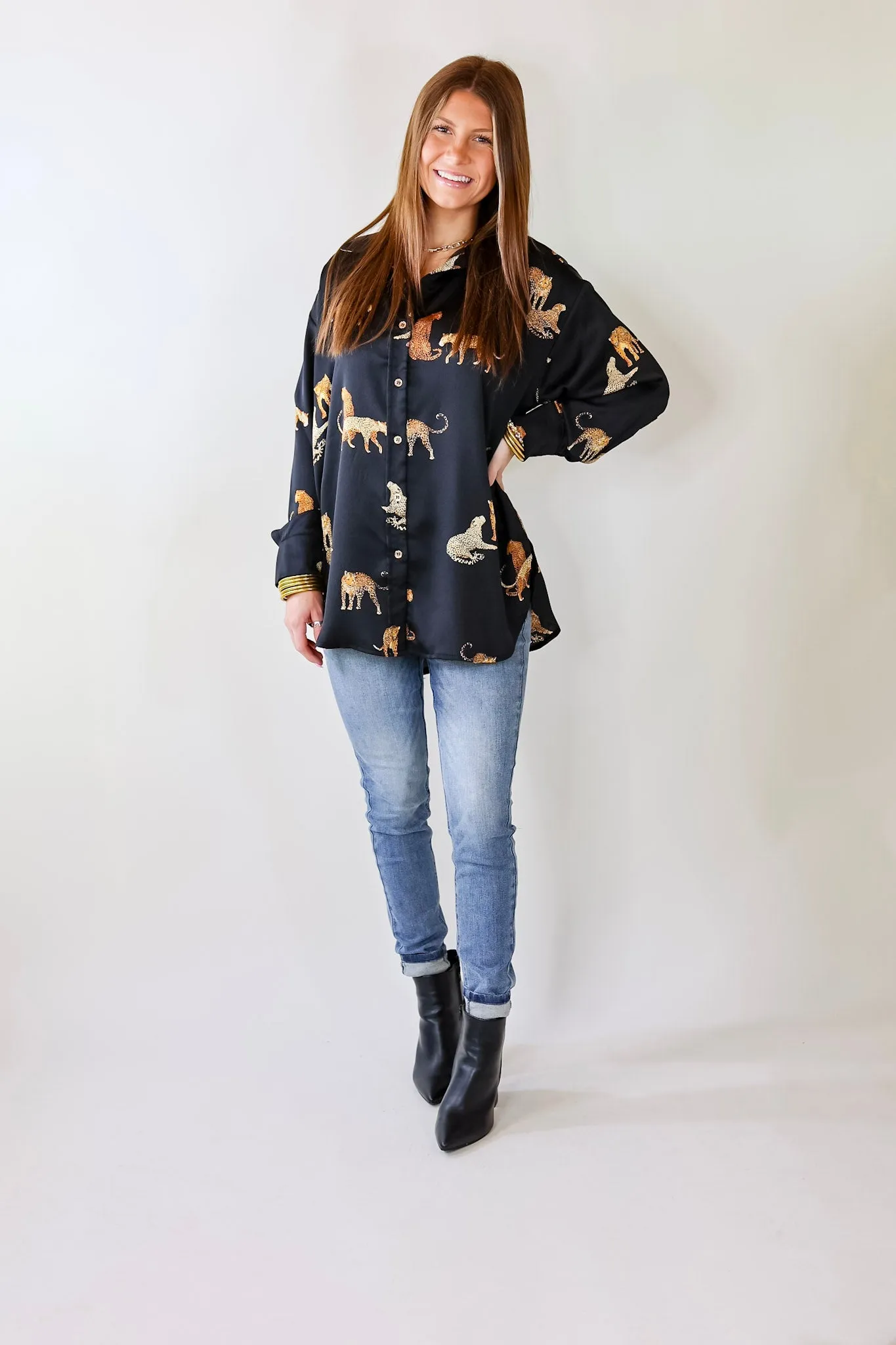 Tell Me Something Good Cheetah Print Long Sleeve Button Up Top in Black