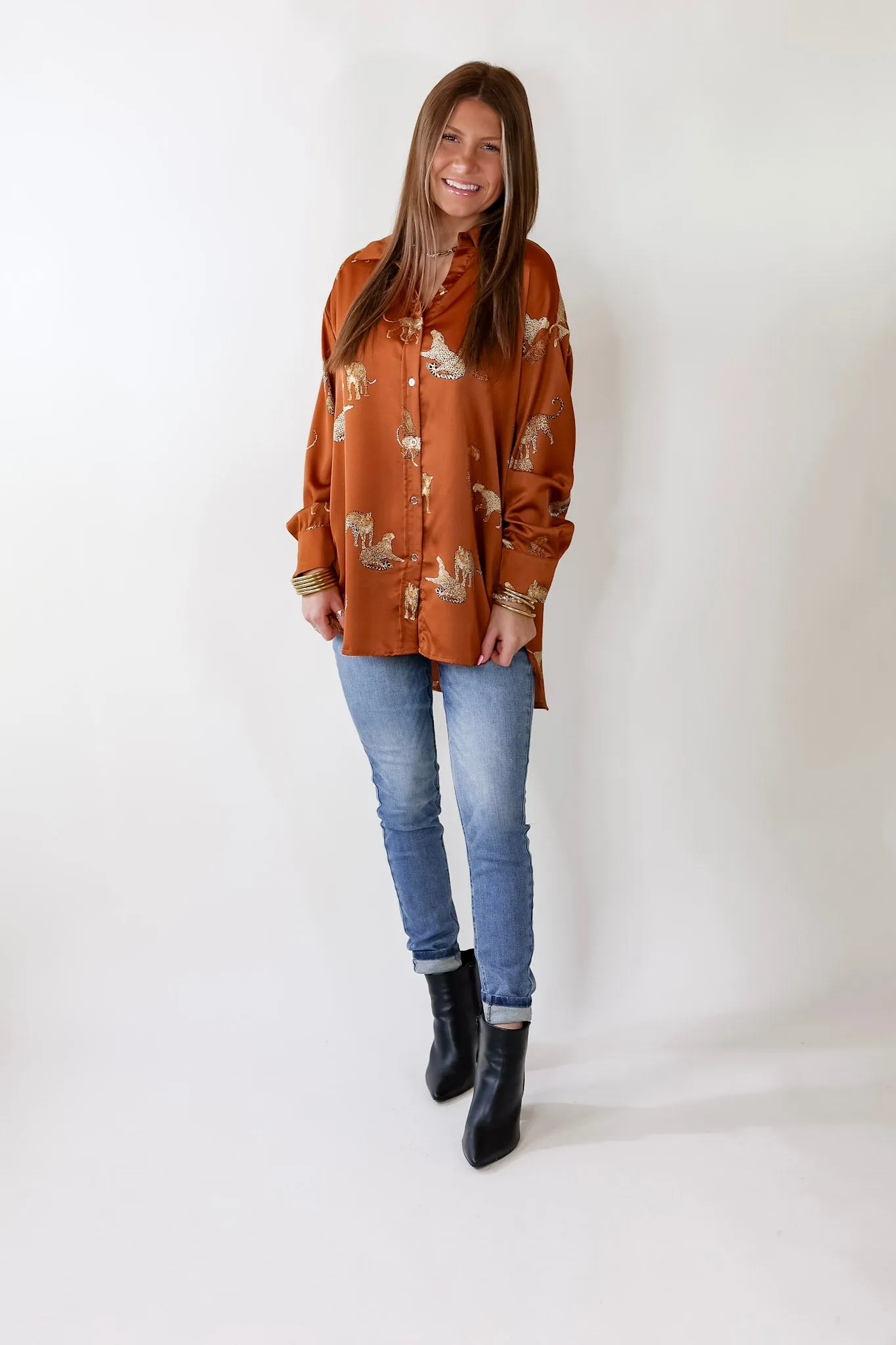 Tell Me Something Good Cheetah Print Long Sleeve Button Up Top in Camel Brown