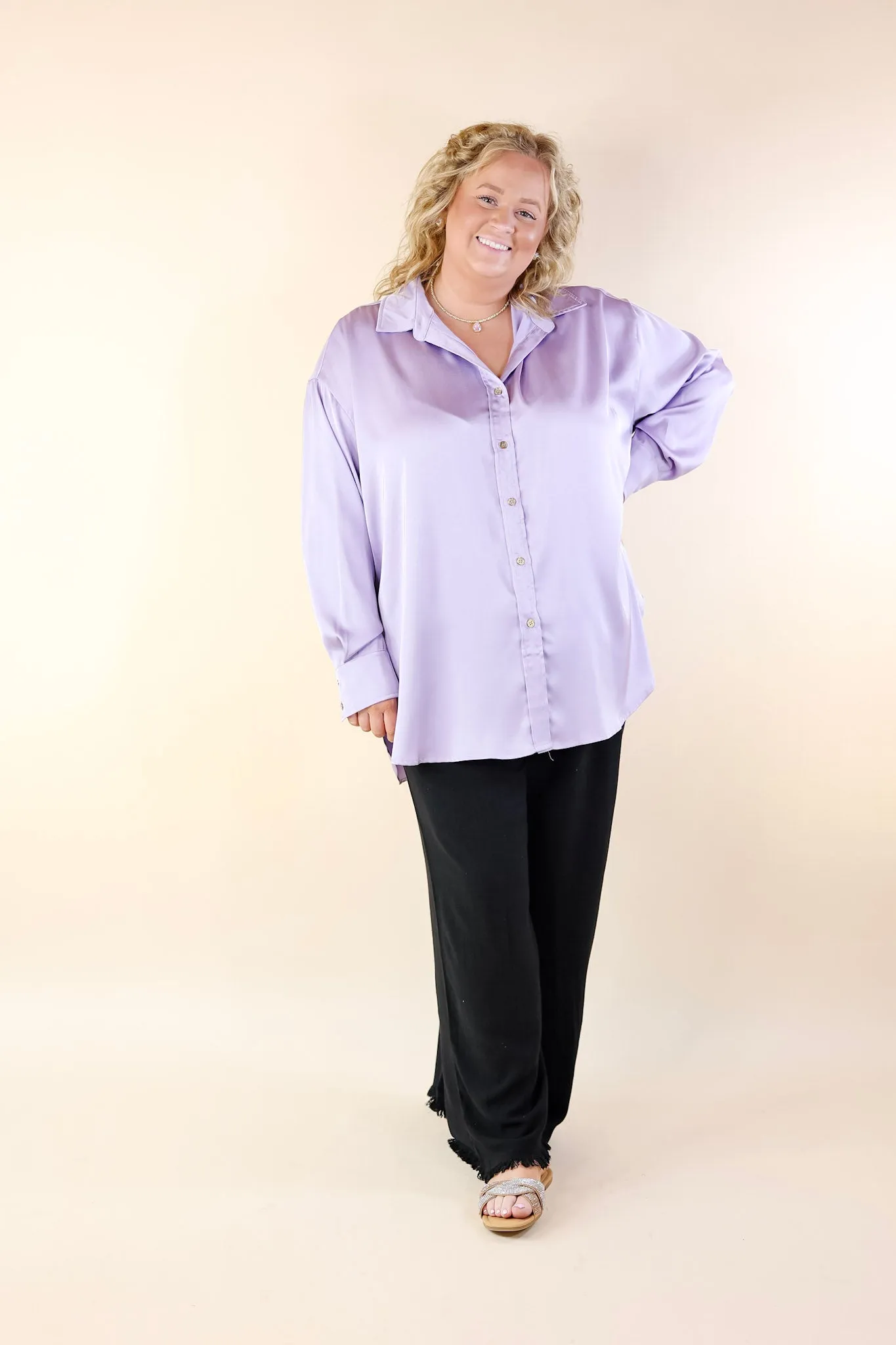 Tell Me Something Good Long Sleeve Button Up Top in Lavender Purple