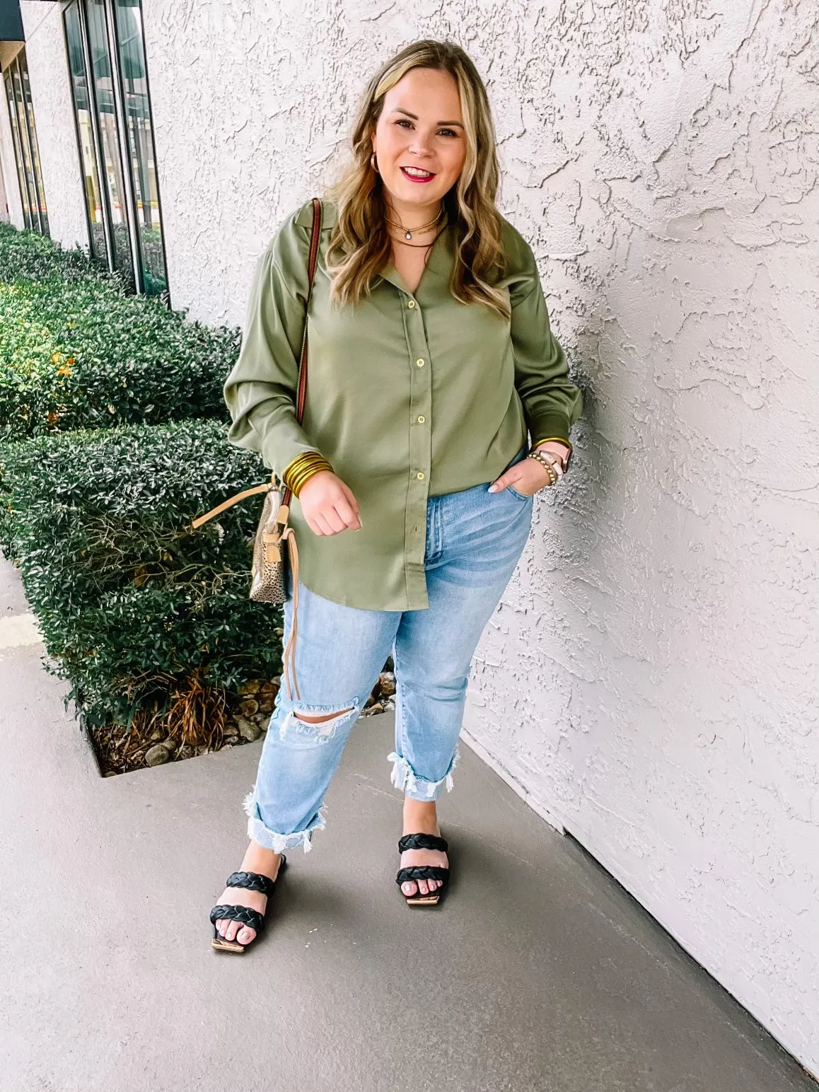 Tell Me Something Good Long Sleeve Button Up Top in Olive Green