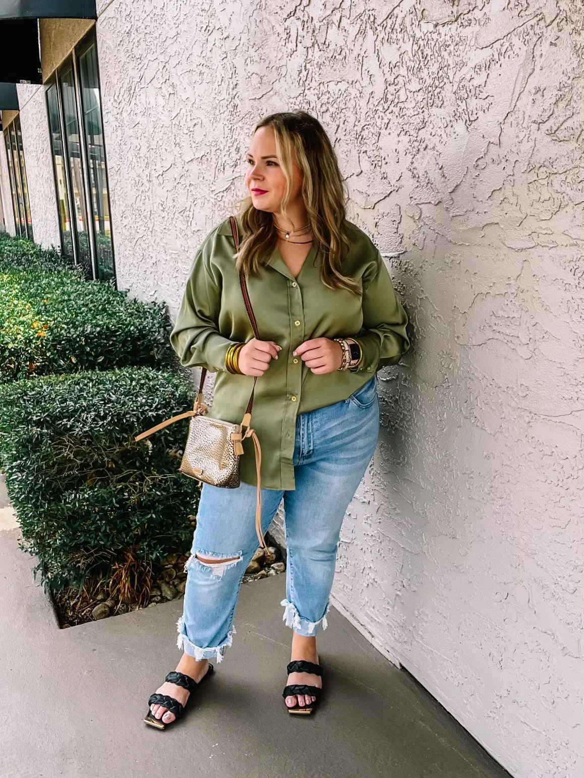 Tell Me Something Good Long Sleeve Button Up Top in Olive Green