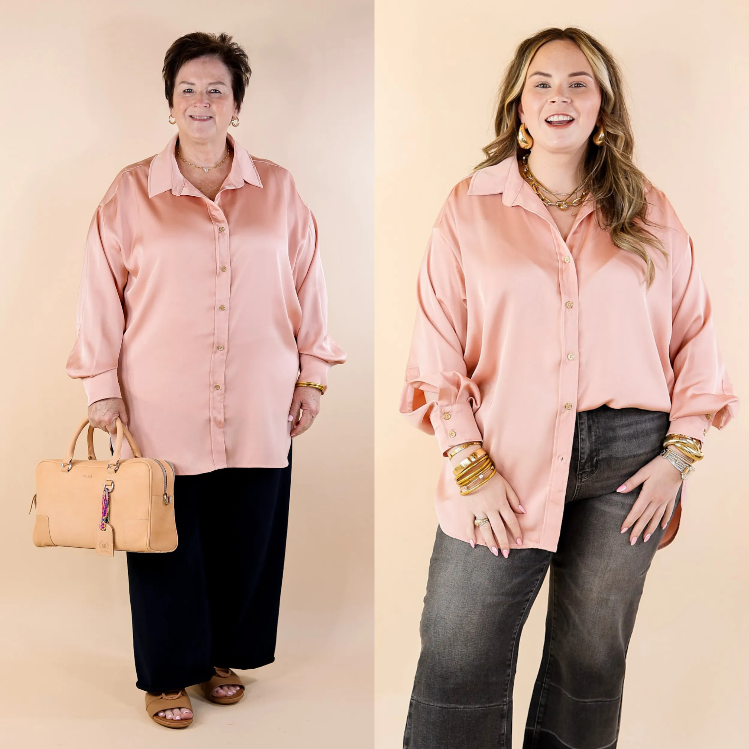 Tell Me Something Good Long Sleeve Button Up Top in Peach Pink