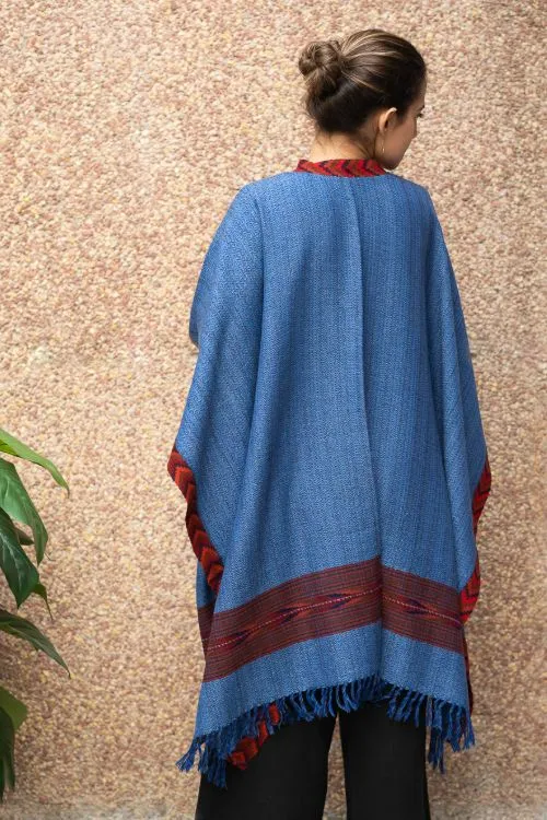 TICH Fine, Soft Himachal Wool Poncho Wrap With Woven Kinnauri Border - Warm Blue