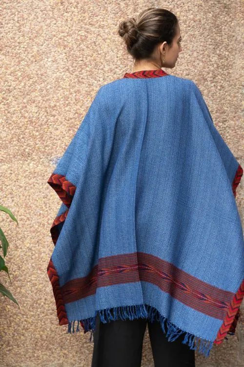 TICH Fine, Soft Himachal Wool Poncho Wrap With Woven Kinnauri Border - Warm Blue