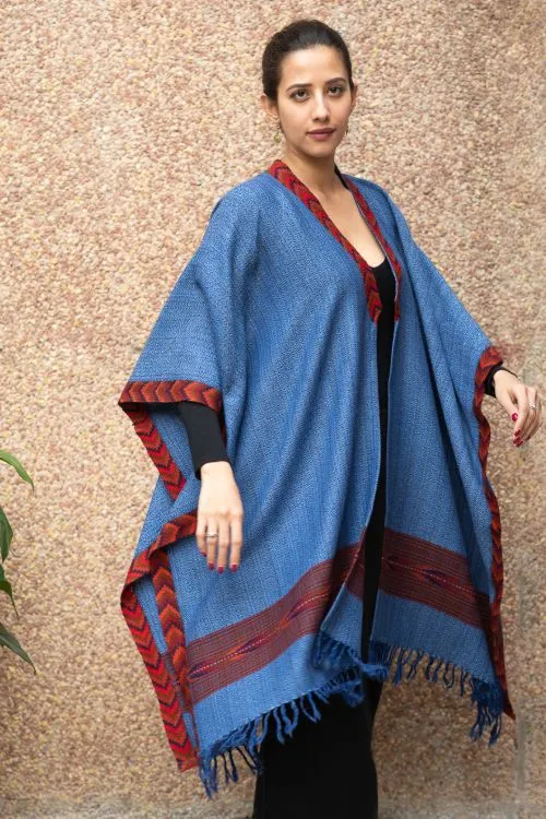 TICH Fine, Soft Himachal Wool Poncho Wrap With Woven Kinnauri Border - Warm Blue