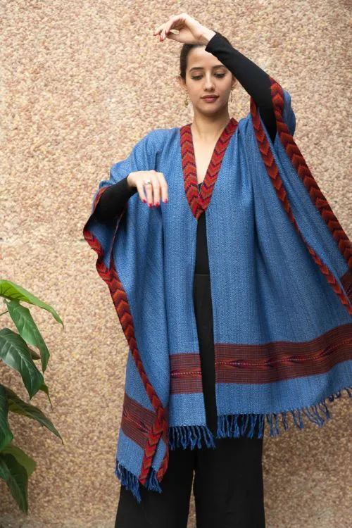 TICH Fine, Soft Himachal Wool Poncho Wrap With Woven Kinnauri Border - Warm Blue